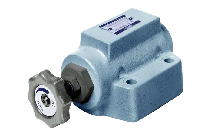 Válvulas de control de flujo Yuken serie SR/SRC, diseñadas para regulación precisa y control de flujo unidireccional en sistemas hidráulicos.