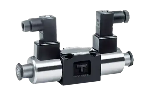 Válvula direccional solenoide Yuken DSG-005, compacta, con presión máxima de 25 MPa y flujo máximo de 15 L/min, diseñada para ahorrar espacio.