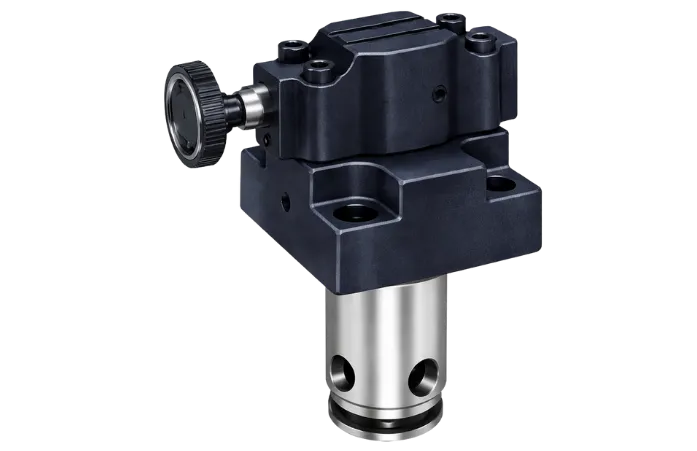 Válvula lógica de la serie LB de Yuken, diseñada para proteger bombas y controlar el exceso de presión, manteniendo niveles constantes en las líneas hidráulicas.